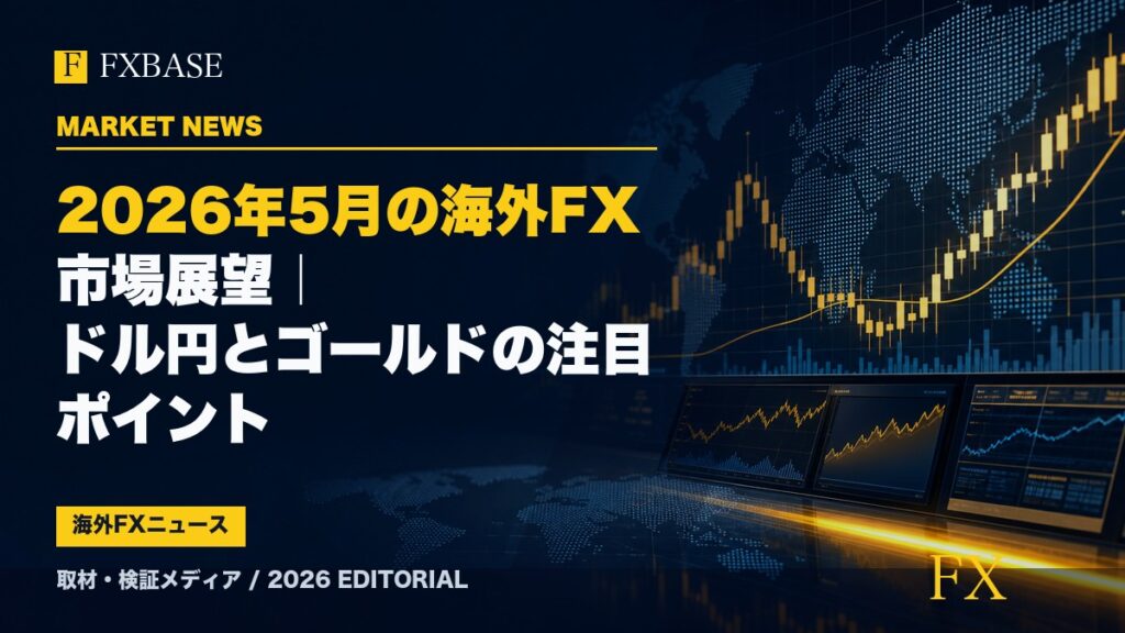 FXBASE記事サムネイル｜2026年5月の海外FX市場展望｜ドル円とゴールドの注目ポイント