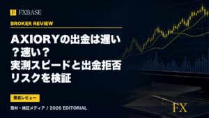 FXBASE記事サムネイル｜AXIORYの出金は遅い？速い？実測スピードと出金拒否リスクを検証