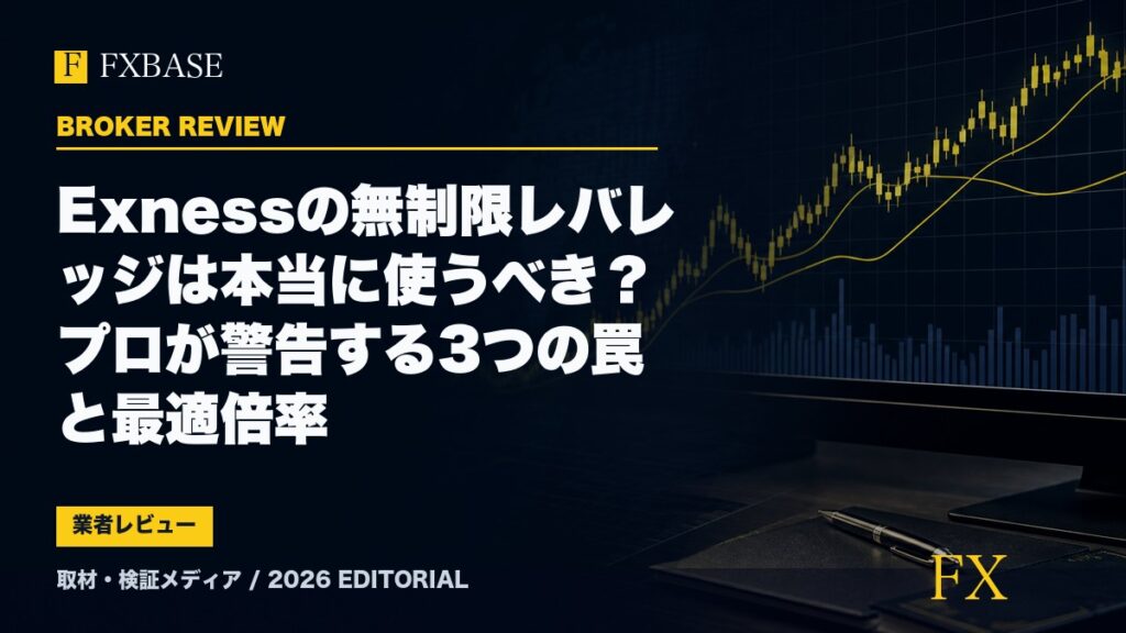 FXBASE記事サムネイル｜Exnessの無制限レバレッジは本当に使うべき？プロが警告する3つの罠と最適倍率