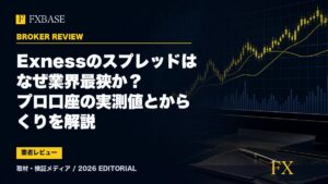 FXBASE記事サムネイル｜Exnessのスプレッドはなぜ業界最狭か？プロ口座の実測値とからくりを解説
