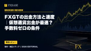 FXBASE記事サムネイル｜FXGTの出金方法と速度｜仮想通貨出金が最速？手数料ゼロの条件