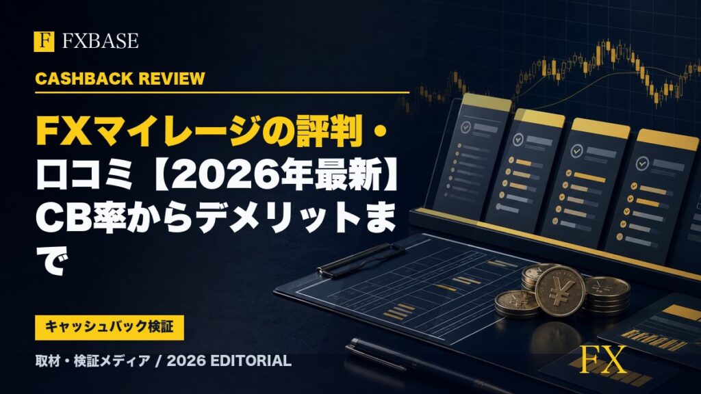 FXBASE記事サムネイル｜FXマイレージの評判・口コミ【2026年最新】CB率からデメリットまで