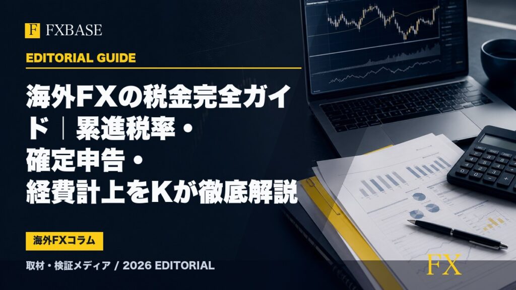 FXBASE記事サムネイル｜海外FXの税金完全ガイド｜累進税率・確定申告・経費計上をKが徹底解説